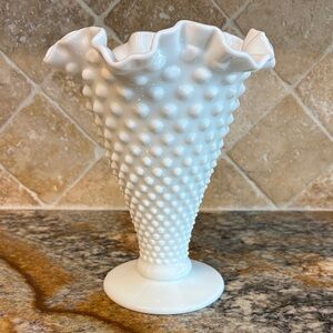 Vintage Fenton White Hobnail Ruffled Trumpet Vase